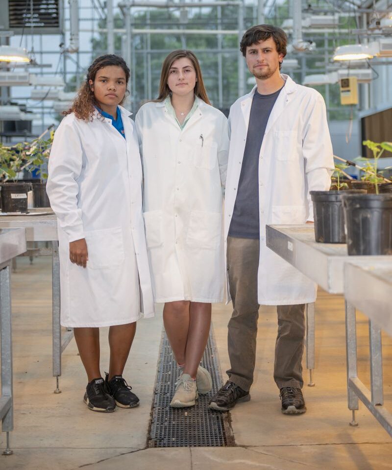 Research technicians posing for photo in a greenhouse facility 